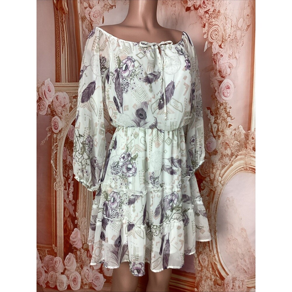 Peach Love CA Ivory With Lavender Floral, Chiffon Tiered Mini Dress Small